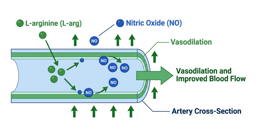 L-arginine nitric oxide pathway mechanism of action diagram