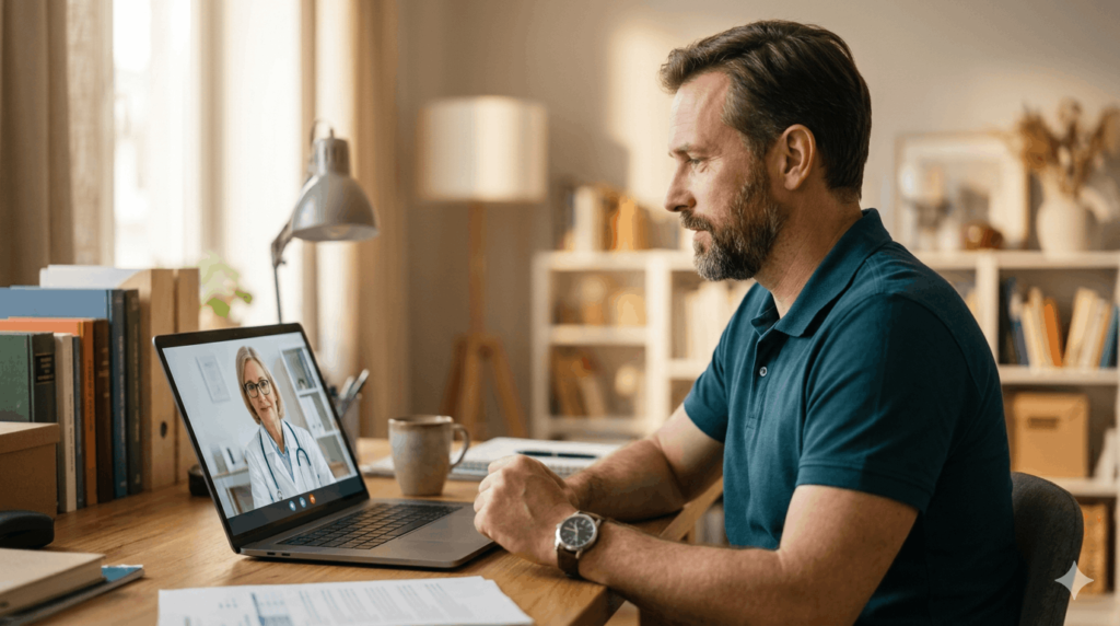 Man having telehealth video consultation with doctor for ED treatment