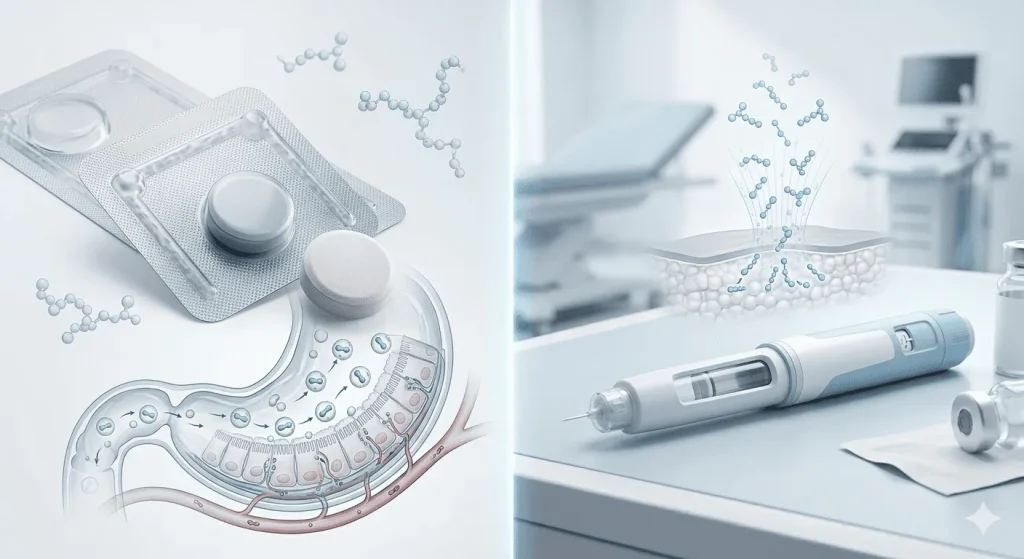 Medical illustration showing oral semaglutide absorption technology with SNAC