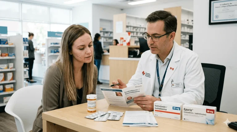 Canadian pharmacist discussing isotretinoin and Accutane treatment options with an acne patient