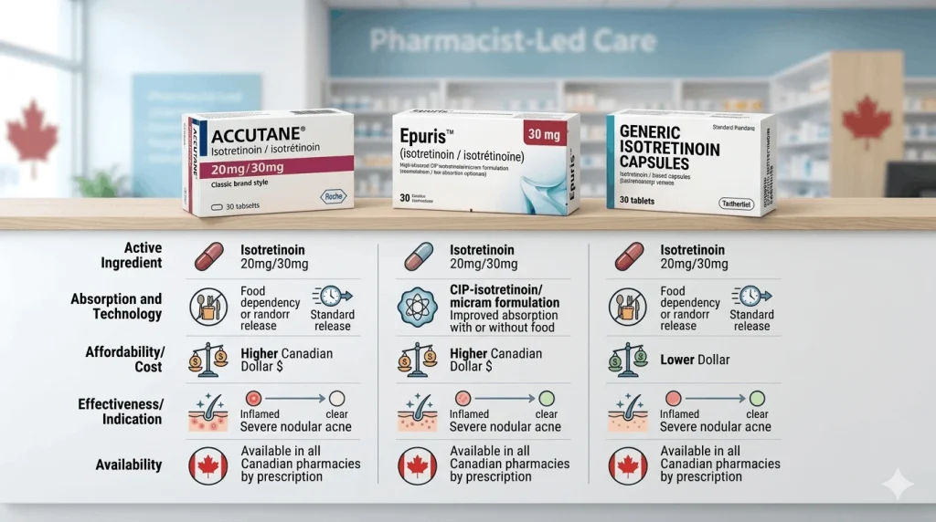 Comparison of Accutane Epuris and generic isotretinoin treatment options in Canada