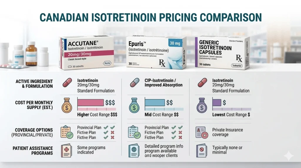 Canadian isotretinoin pricing comparison including Accutane Epuris and generic options